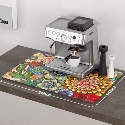 Rnivvi Coffee Mat, 16" x 24" Cute Flower Theme Coffee Bar Mats for Espresso Machine Station Accessories and Organizer, Hide Stain Rubber Backed Absorbent Dish Drying Pad for Kitchen Counter, Mandala