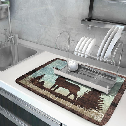 Retro Deer Forest Cabin Silhouette Dish Drying Mat Countertop 18x24 Fall Blue Sky Cloud Cartoon Elk Wild Animal Bushes Drainer Mat Pine Tree Grass Dishes Pad Rustic Moose Dish Drainer Rack