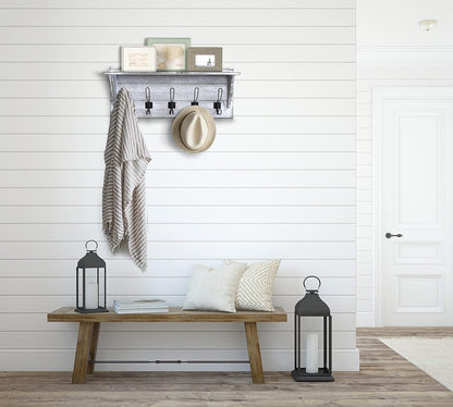 HBCY Creations Rustic Wall Mounted Coat Rack with Shelf - Solid Wood 24" Entryway Shelf with 5 Coat Hangers. Perfect Touch for Your Entryway, Mudroom, Kitchen, Bathroom and More, Whitewash