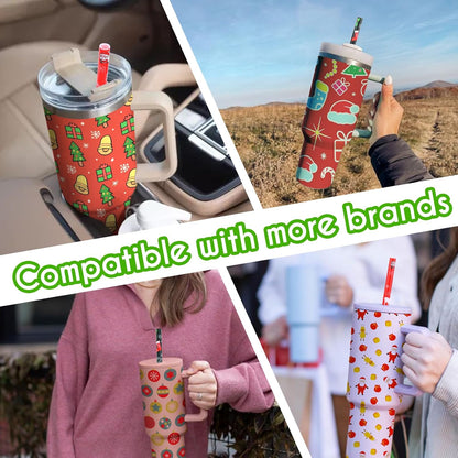 AIERSA 6 Pack Christmas Straw Replacement for Stanley 30&40oz,Plastic Reusable Straw for Stanley Tumbler,Long Straws with Cleaning Brush for Stanley Cup Accessories