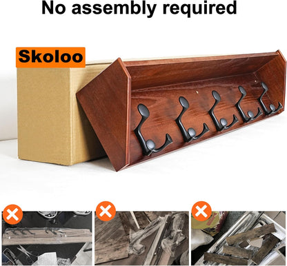 SKOLOO Wall Shelf with Hooks, 24-Inch Cherry Coat Rack Wall Mount with Shelf Organizer - Lightweight & Sturdy, 5 Tri Hooks - Perfect for Entryway, Hallway, Living Room, Bedroom, Mudroom