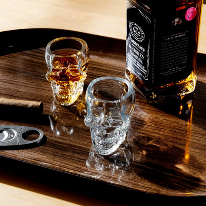 MyGift Set of 6 Skull Shot Glasses – 2.8 oz Clear Glass Novelty Drinkware for Halloween Parties, Cocktail Bars & Home Decor – Spooky 3D Skull Design