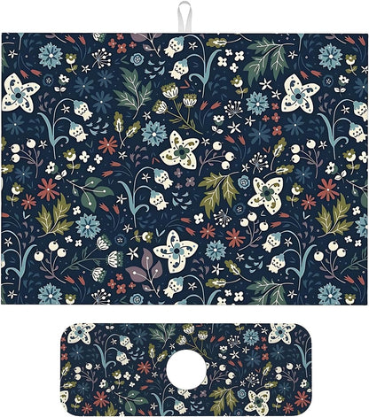 2Pcs Dish Drying Mats Faucet Mats Sets Large Size Coffee Mats Sink Faucet Mat Splash Guard for Kitchen Counter Bathroom Sink Coffee Bar Kitchen Decor (Cute Wildflowers, 18"x24" 15" x 5.5"Set)