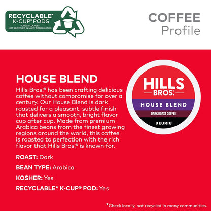Hills Bros. House Blend Keurig K-Cup Pods for Keurig Brewers – Dark Roast Premium Arabica Blend, Kosher – 1 Pack of 12 Single Serve Pods