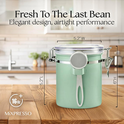 Mixpresso Green Coffee Canister, 16oz Airtight Stainless Steel Kitchen Food Storage Container with Clear Lid and Spoon. for Grounds Coffee, Beans, Tea, Flour, Cereal, Vacuum Sealed Sugar Container