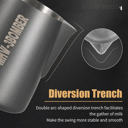 MHW-3BOMBER Milk Frothing Pitcher, 16oz/450ml Milk Frother Cup for Barista, SUS304 Stainless Steel Espresso Steaming Pitchers for Milk/Coffee/Latte Art, Matte Black, P3025B-OS