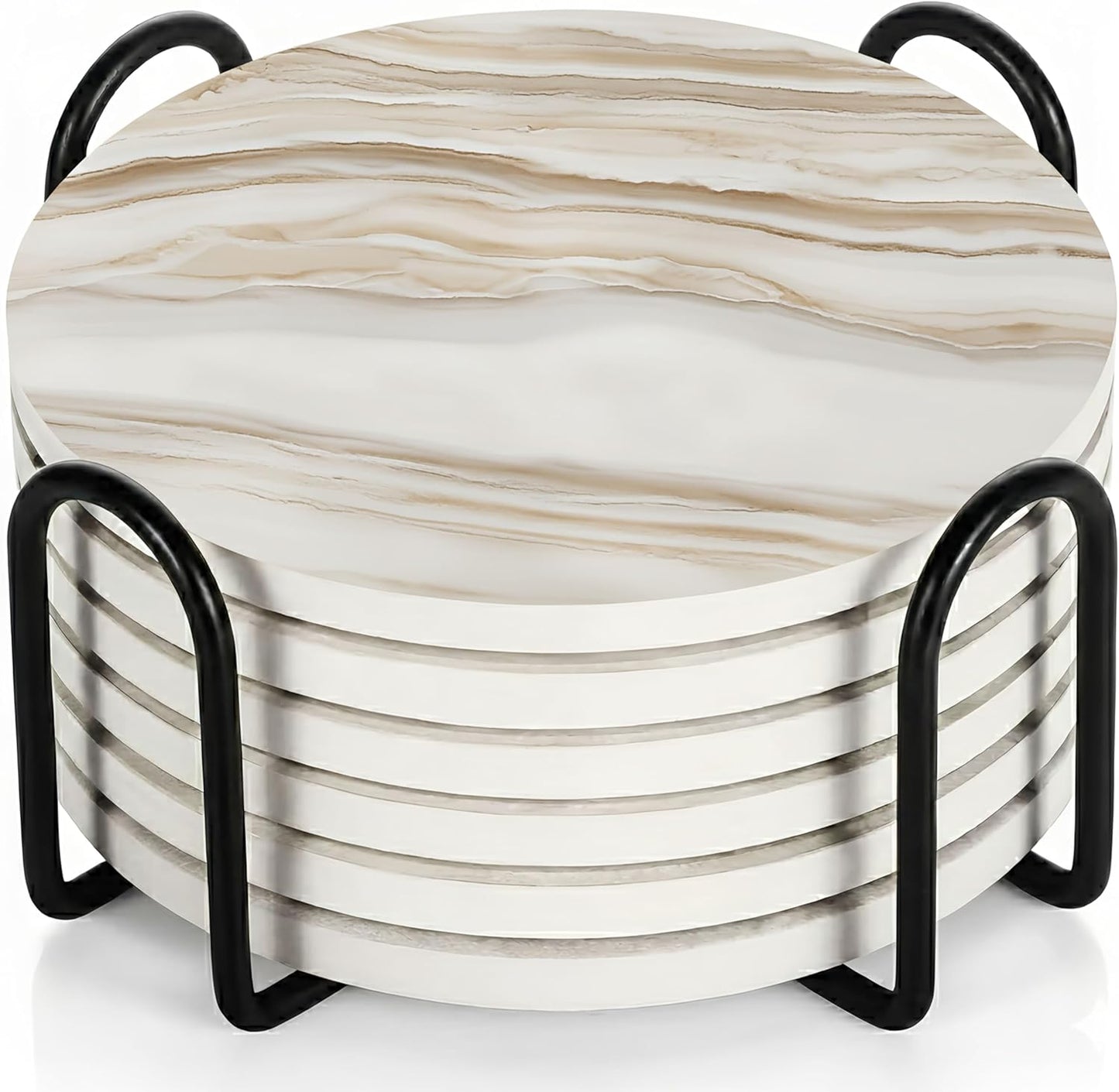 VEYRO Coasters Set of 6 for Drinks – Absorbent Ceramic Stone Drink Coasters with Cork Backing for Coffee Table & Desk, Modern Marble Look Cup Coaster Set, Housewarming Gift for New Home