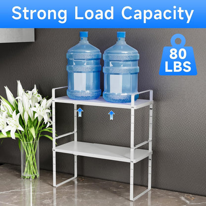 Expandable Cabinet Shelf Organizer, Stackable Kitchen Pantry Counter Storage, Adjustable Closet Cupboard Stand Rack Risers Spice Organization 80LBS Heavy Duty White Small 2 Pack
