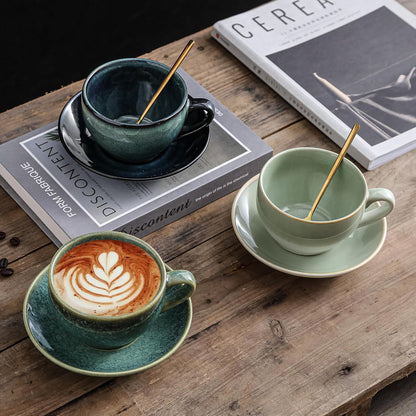 Porcelain Coffee Cup with Saucer Spoon, Vintage Design Ceramic Latte Art Cappuccino Barista Espresso Tea Cup with Saucer (11.6 oz, 350ml, White Both Green)