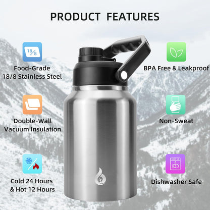 BJPKPK 64 oz Insulated Water Bottle, Dishwasher Safe Half Gallon Water Bottle with Ergonomic Handle, BPA Free Leak Proof Water Jug with Anti-slip Bottom, Stainless Steel Primary Color