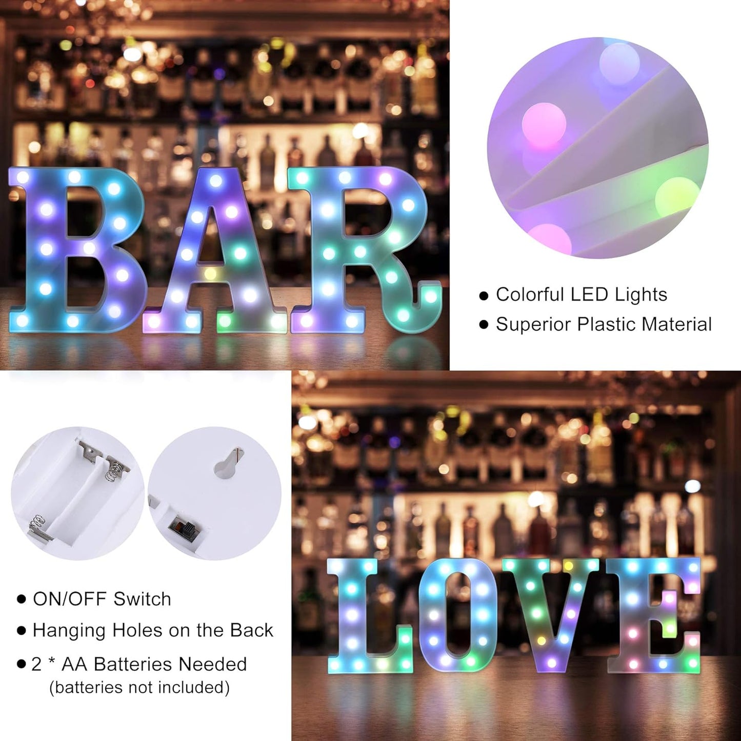 Foaky Colorful LED Letter Lights with Remote,Marquee Light Up Letters Sign for Night Light Wedding/Birthday Party Battery Powered Christmas Lamp Home Bar Decoration(M)