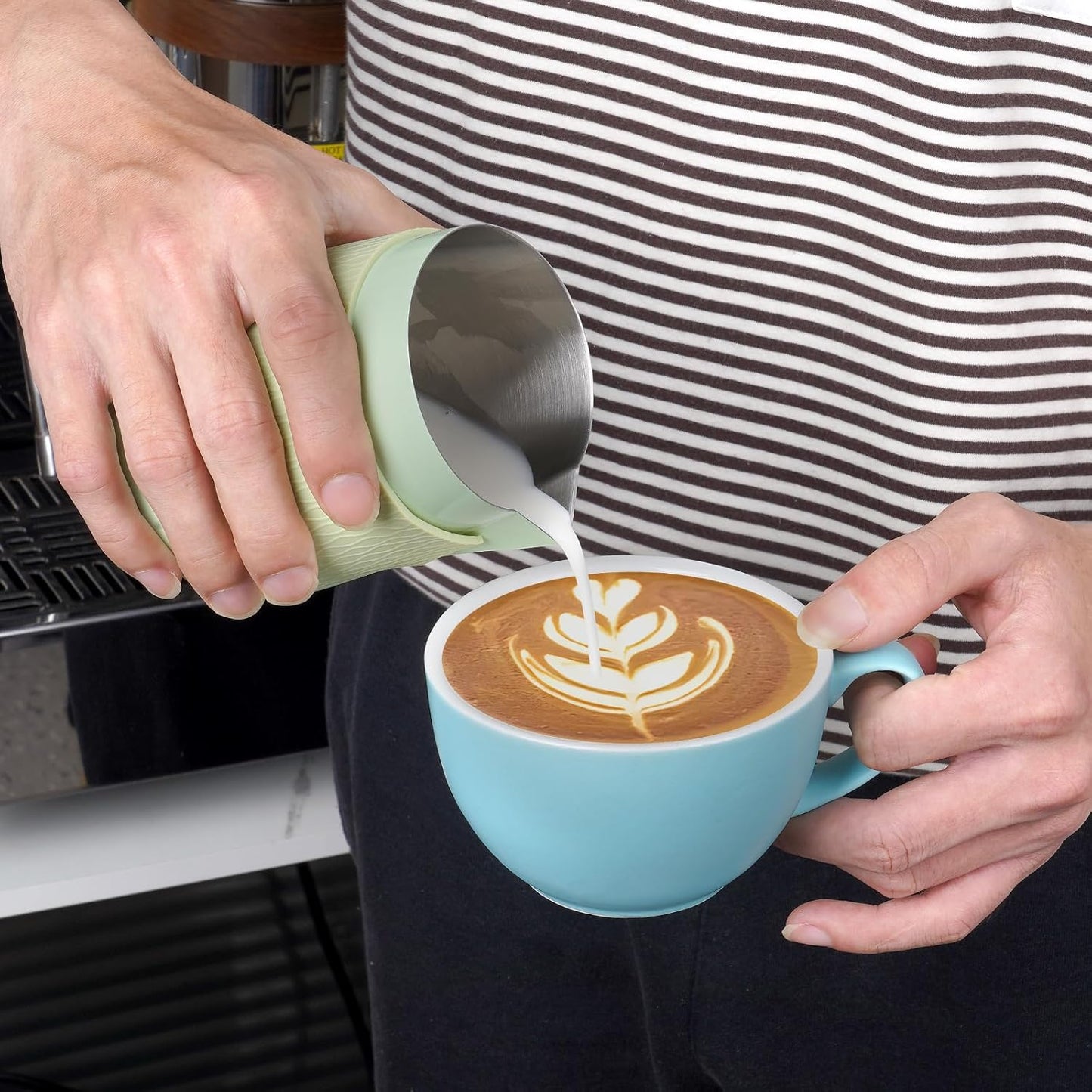 IKAPE Espresso Milk Pitcher, 15.04/450ml Milk Frothing Jug without Handle, Espresso Steaming Pitcher with Sharp Spout for Espresso Barista Tool(light green)