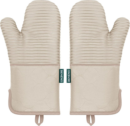 Beneno Kitchen Oven Mitts 2-Pack Heat Resistant to 500°F with Non-Slip Silicone Grip, Extra Long 14.3" Forearm Protection, Soft Quilted Cotton Terry Lining, Ideal for Cooking, Baking, Grilling, Beige