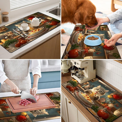 17"x 32" Coffee Bar Mat, Cat Chef Absorbent Dish Drying Mat Cuttable Hide Stain Draining Table Pad for Kitchen Counter, Coffee Bar Accessories