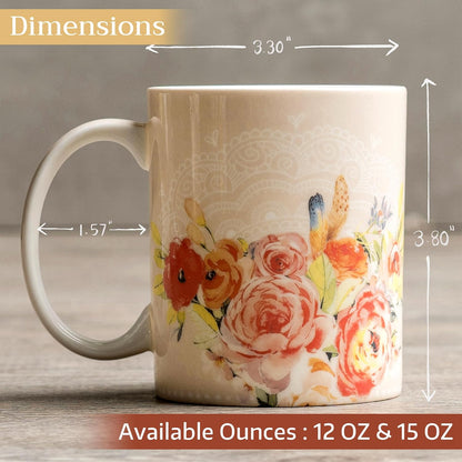 Maison d' Hermine Coffee Mug with Handles Fine Bone China Mugs Pack of One Tea Cups for Hot Beverages Cappuccino Latte Home Restaurant Office Perfect for Gift (Ibiza - Beige - Rose, 15 Ounce)