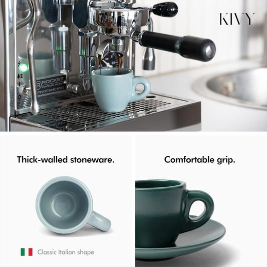 KIVY Espresso Cups Set of 4 [Set 4x 3oz]- Espresso Set Thick Walled Stoneware Espresso Cup Set - Italian Style Espresso Cups and Saucers - Coffee Mugs - Pastell Green, Blue