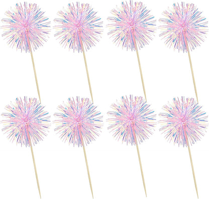 Ephlyn 30Pcs Foil Firework Cupcake Toppers Happy Birthday Cake Toppers Tinsel Flower Drink Stirrers Cocktail Food Fruit Toothpicks for Valentine's Day Party Decorations Pink