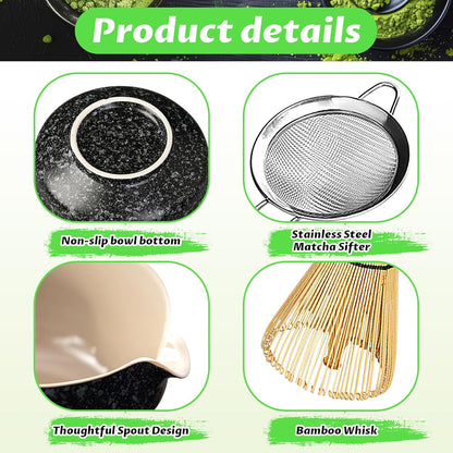 Matcha Set, 6 Pcs Matcha Whisk Set with 20 oz Bowl, Bamboo Whisk for Matcha Tea, Matcha Bowl, Ceramic Matcha whisk Holder, Stainless Sifter and Scoop - Gift for matcha kit Lovers（Black）