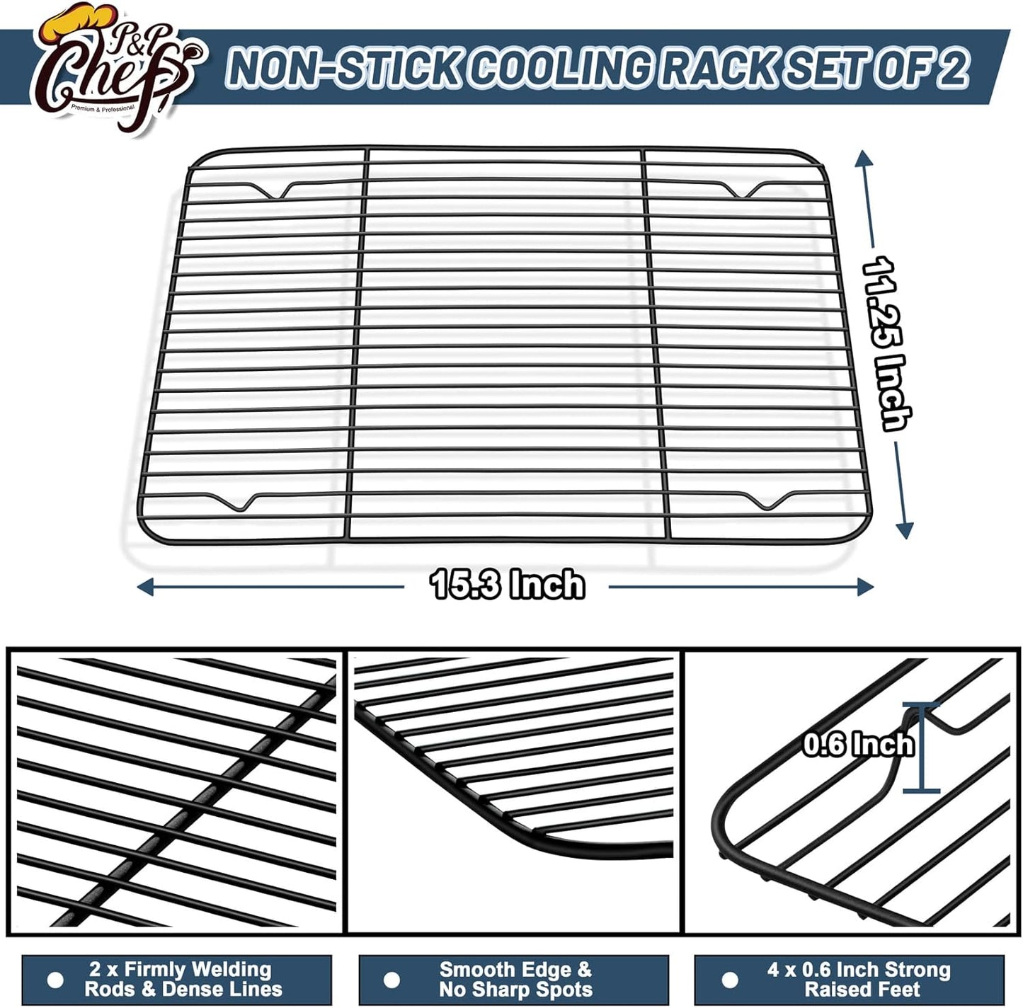 P&P CHEF Cooling Baking Rack Pack of 2, Stainless Steel Cooling Racks for Cooking Baking Roasting Grilling Drying, Dense Wires & Smooth Edge, Easy to clean, Black,15.3" x 11.25"