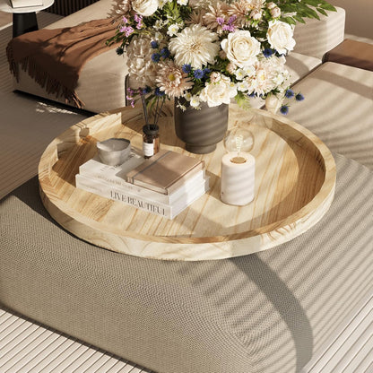 Round Ottoman Tray for Coffee Table Living Room Wood Serving Tray Large Wooden 24 Inches Rustic Torched