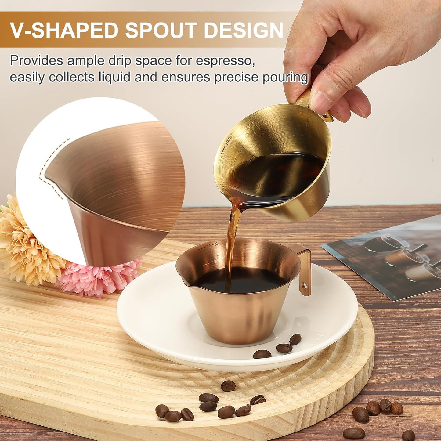 uxcell 2 Pcs Stainless Steel Espresso Cup with Handle, V-Shaped Mouth Espresso Measuring Cup with Scale for Preparing Coffee, Cocktails, 3.4OZ/100ML (Rose Gold)