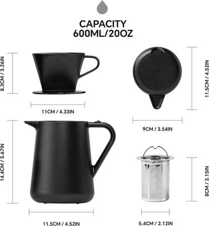Ideus Insulated Pour Over Coffee Maker Set 20oz, Stainless Steel Coffee Pot Pour Over Set Camp Coffee Carafe BPA-Free with Dripper and Tea Infuser for Home, Office & Camping (Black)