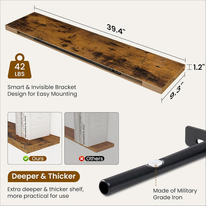 Fun Memories 40" Rustic Wood Floating Shelves with Invisible Brackets for Storage & Decor, Deep Wall Mounted Shelves for Bathroom, Kitchen, Living Room (Brown,Set of 2)