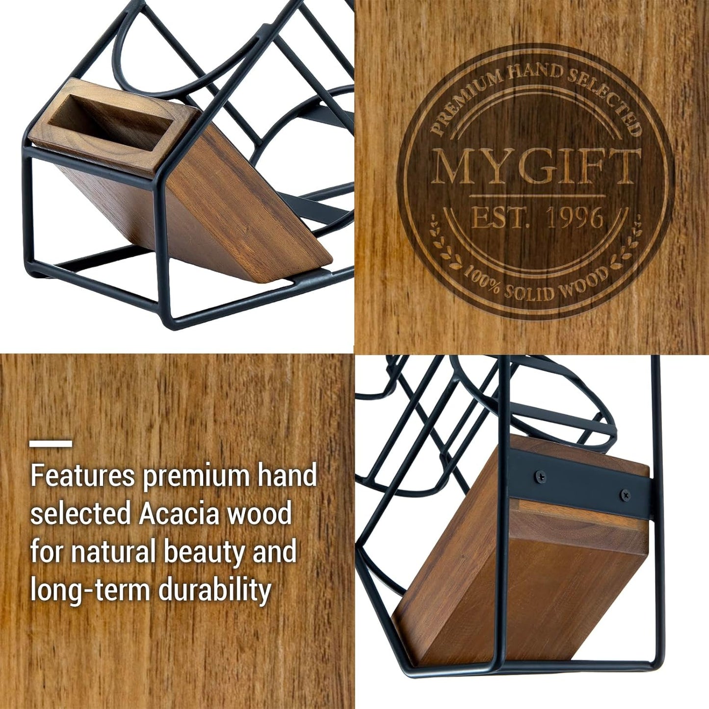 MyGift Industrial Matte Black Metal Wire & Acacia Wood Countertop Disposable Coffee Cup Organizer – Holder Rack for Cups, Lids, Straws, and Stirrers