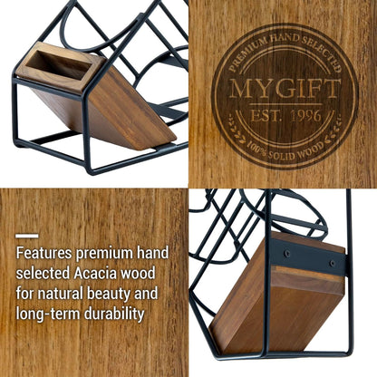 MyGift Industrial Matte Black Metal Wire & Acacia Wood Countertop Disposable Coffee Cup Organizer – Holder Rack for Cups, Lids, Straws, and Stirrers