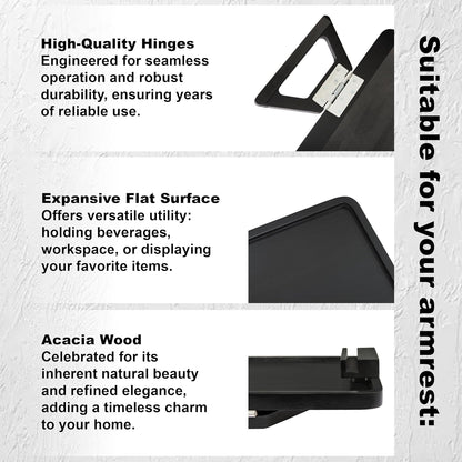 Acacia Wood Sofa Armrest Tray -15.4 x 9.84 in Double Hinge Sofa Arm Tray Table Clip-Couch Arm Table-Wooden Side Tables for Eating and Drink (Acacia, 15.4" D x 9.84" W x 5.7" H)(Black)