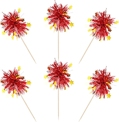 30 PCS Foil Firework Cupcake Toppers Happy Birthday Star Cupcake Picks Sparkle Tinsel Drink Stirrers Cocktail Fruit Toothpicks for Valentine's Day Wedding Birthday Party Decorations Supplies Red