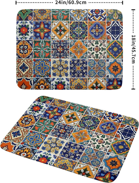 Talavera Mexican Tiles Dish Drying Mat for Kitchen Counter 18x24 Inch Mexican Flower Decorations Dish Draining Mat Mexican Tilt Fast Absorbent Tableware Dishes Pad for Coffee Bar Countertop