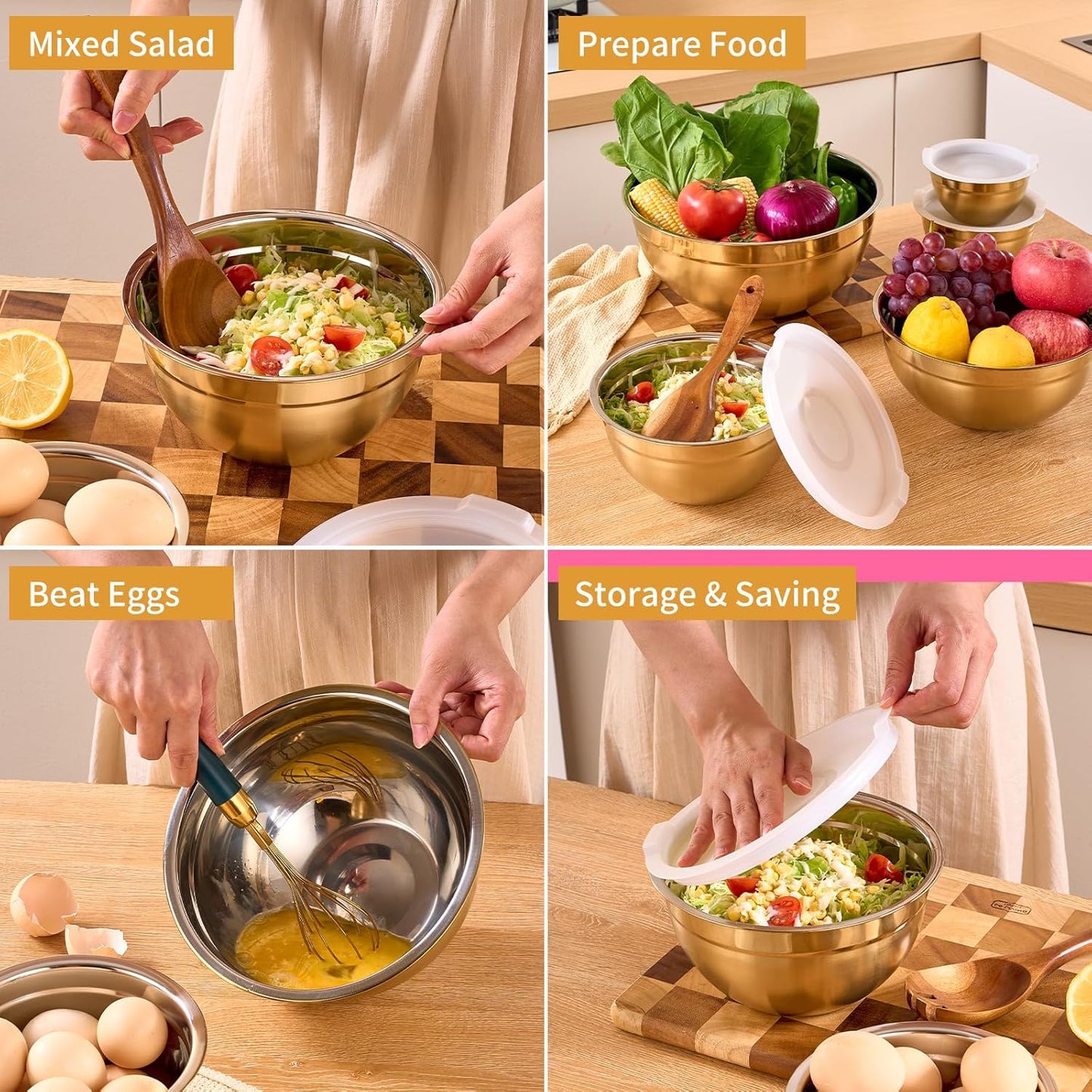 Gold Mixing Bowls With Airtight Lids,Stainless Steel Bowl,Salad Bowls 7 Piece Colorful Nesting Bowl Gold Kitchen Accessories,Size 7,3.6,2.7,2.1,1.5,1.1,0.8QT Stackable Design
