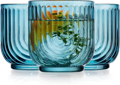 Glaver's Double Old Fashioned Rock Glasses, Set of 4 Blue Whiskey Glasses, 11 oz Art Deco U-Shape Design Embossed Everyday Home Bar Glassware. Art Deco Elegant Kitchen Drinking Glasses.