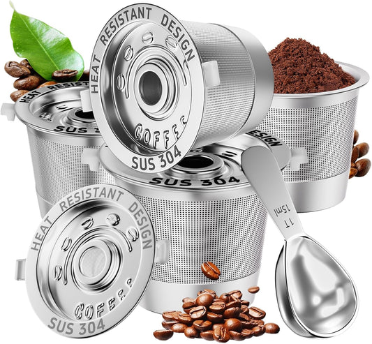 4 Pack Reusable K Cups Coffee Pods for Keurig 1.0: Stainless Steel Refillable K Cups - Reusable Coffee Filters for Keurig Coffee Machine, BPA-Free, SUS 304‌, Scoop, Heat Resistant Handles