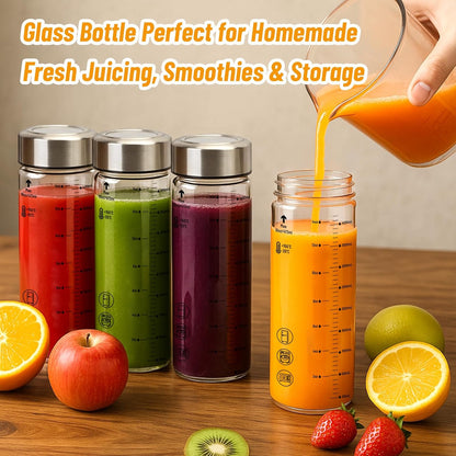 16oz Glass Water Bottles with Lids, 4 Pack Reusable Wide Mouth Juice Bottles with Stainless Steel Caps, Leakproof Borosilicate Glass for Juicing, Smoothies & Storage, BPA-Free,Dishwasher Safe
