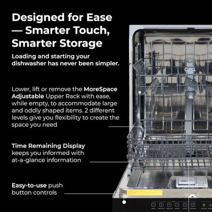 Kenmore 24" Built-in Stainless Steel Tub Dishwasher SmartWash, UltraWash, SmartDry Plus, MoreSpace Adjustable Rack and Leak Detect, Energy Star Certified, Black