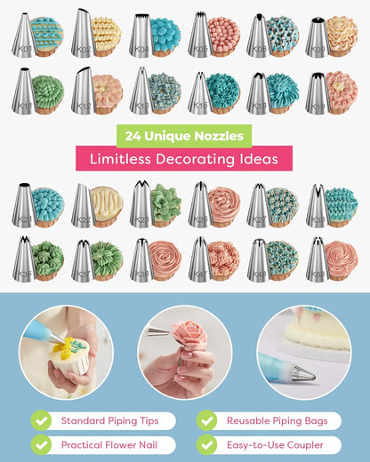 Kootek 32-Piece Piping Bags and Tips Set with 24 Icing Piping Tips, 2 Reusable Pastry Bags 12 Inch, Reusable Piping Icing Bags and Tips, Cake Decorating Kit for Frosting Cookie, Cupcake