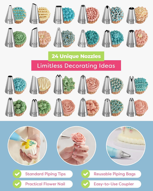 Kootek 32-Piece Piping Bags and Tips Set with 24 Icing Piping Tips, 2 Reusable Pastry Bags 12 Inch, Reusable Piping Icing Bags and Tips, Cake Decorating Kit for Frosting Cookie, Cupcake