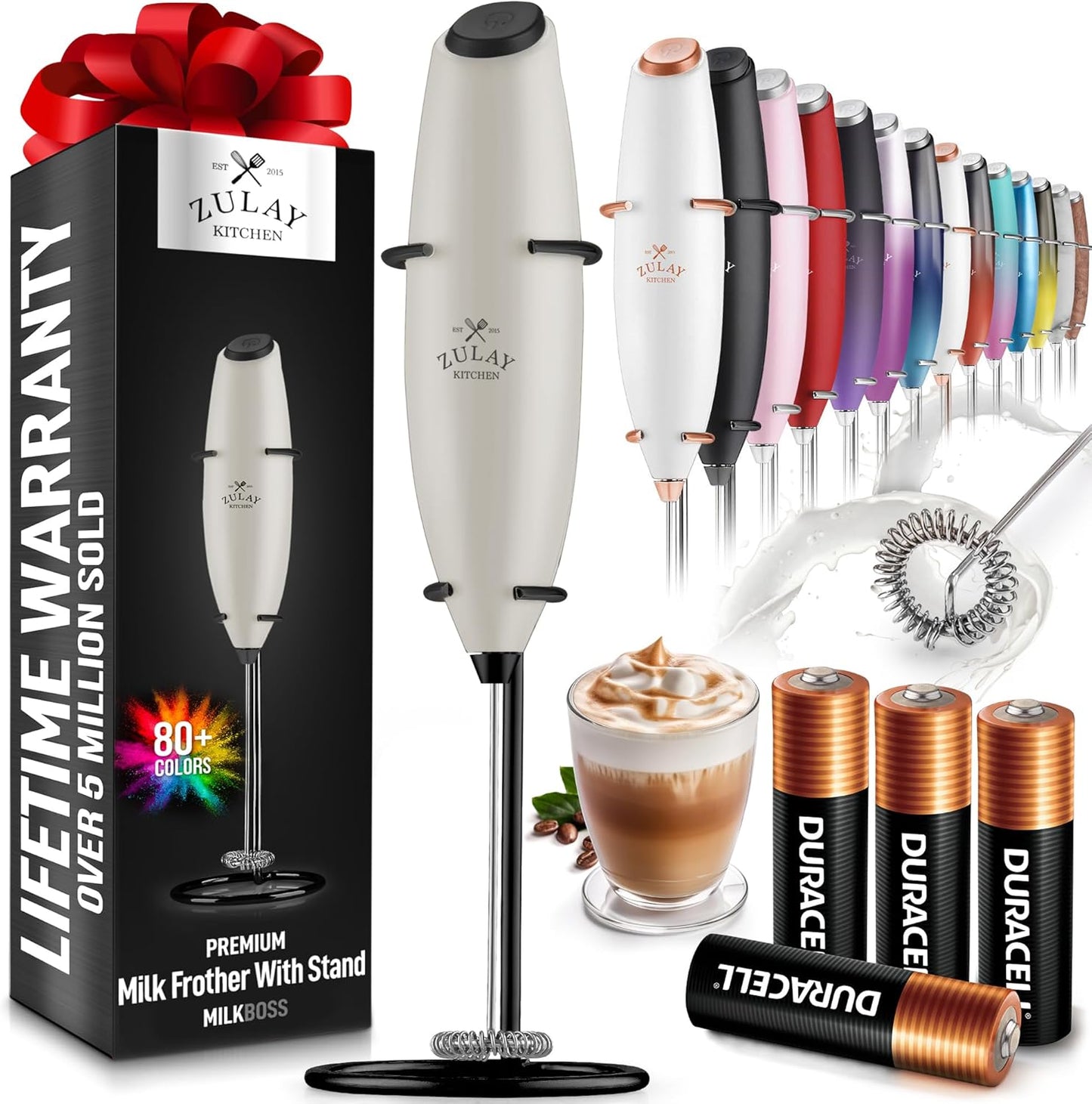 Zulay Powerful Milk Frother (4 Duracell Batteries Included) - Handheld Milk Frother Wand Drink Mixer for Coffee - Powerful Milk Foamer for Cappuccino, Frappe, Matcha - Exec Grey/Black/Black Stand