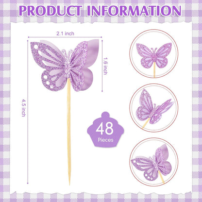 Chinco 48 Pcs Butterfly Cupcake Toppers Assembled Double Layer Cupcake Topper 3D Glitter Cake Topper Butterfly Cocktail Pick Decoration for Baby Shower Birthday Wedding(Purple,Classic Style)