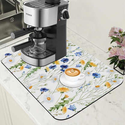 Watercolor Wildflower Dish Drying Mat for Kitchen Counter Hide Stain Absorbent Drying Rack Pad Rubber Backed Coffee Mat Espresso Machine Coffee Bar Accessories 11.8 x 19.7 Inch