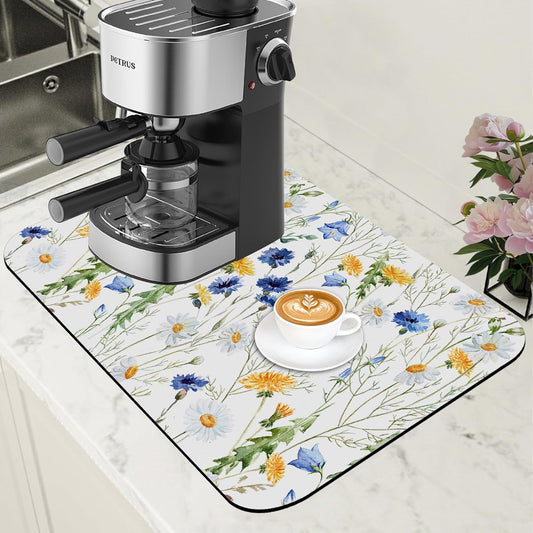 Watercolor Wildflower Dish Drying Mat for Kitchen Counter Hide Stain Absorbent Drying Rack Pad Rubber Backed Coffee Mat Espresso Machine Coffee Bar Accessories 11.8 x 19.7 Inch