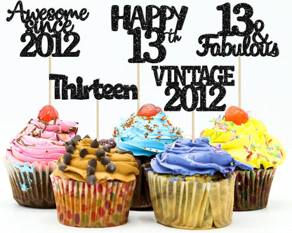 Gyufise 30Pcs Vintage 2012 Cupcake Toppers Glitter Thirteen Happy 13th Cupcake Picks Happy 13th Birthday Cake Decorations for Happy 13th Birthday Anniversary Party Supplies Black
