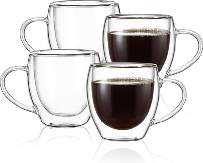 CNGLASS 5oz Espresso Mugs (Set of 4),Double Wall Insulated Glass Coffee Mugs with Handle,Espresso Shot Glasses,Clear Expresso Coffee Cups…