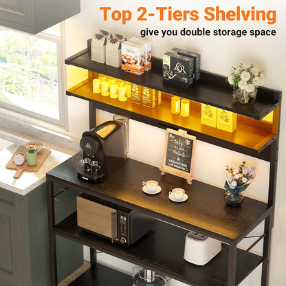 Aheaplus Bakers Rack with Power Outlet, Microwave Stand, 5 Tiers Coffee Bar Station with Led Lights, Kitchen Storage Shelf with 6 S-Shaped Hooks, Kitchen Rack Coffee Bar Stand, Black