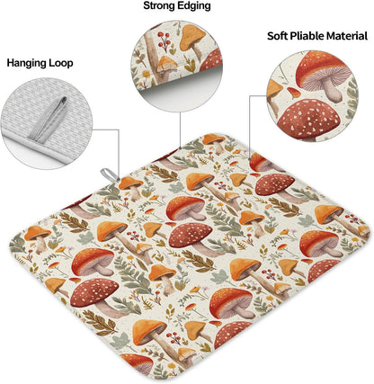 Fall Dish Drying Mat for Kitchen Counter Mushroom Drying Pad Absorbent Drying Mats for Countertops Sinks Draining Racks Autumn Plant Leaves Drainer Holiday Harvest Thanksgiving Decorations 16x18