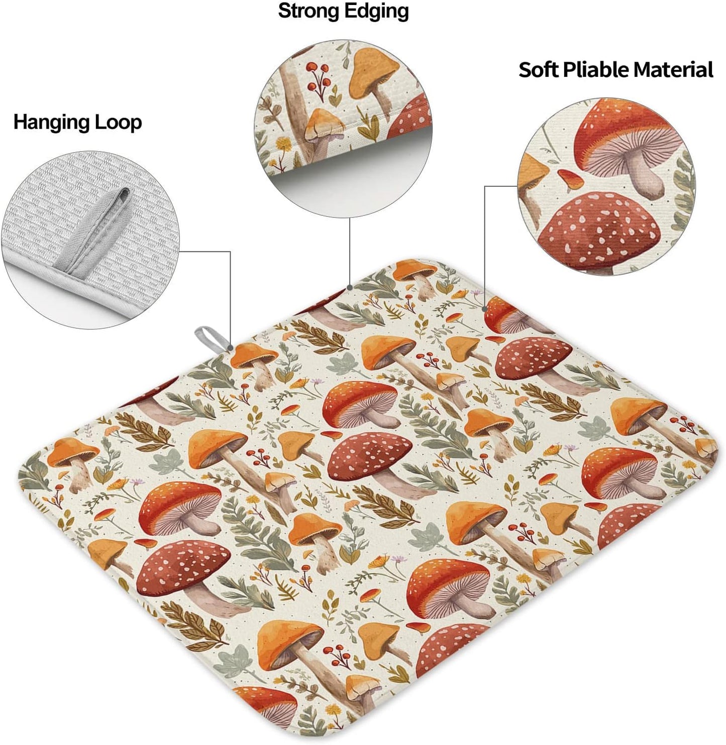 Fall Dish Drying Mat for Kitchen Counter Mushroom Drying Pad Absorbent Drying Mats for Countertops Sinks Draining Racks Autumn Plant Leaves Drainer Holiday Harvest Thanksgiving Decorations 18x24