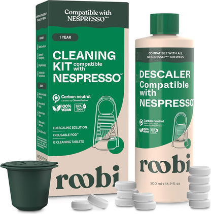 Roobi Descaling and Cleaning Kit Compatible with Nespresso Originaline. Includes 1 Bottle of Descaling Solution, 12 Cleaning Tablets and 1 Reusable Pod. Carbon Neutral. 1 Year Supply.