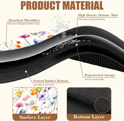 Watercolor Floral Meadow Coffee Mat Absorbent Dish Drying Mat for Kitchen Counter Hide Stain Rubber Backed Coffee Bar Accessories Fit Under Espresso Machine Dish Drainer, 11.8 x 19.7 Inch